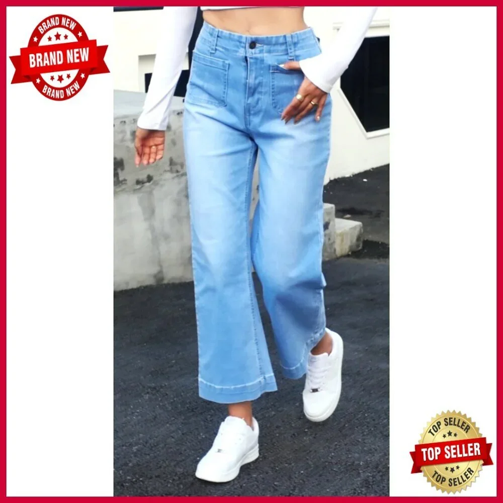 High Waisted Wide Leg Cropped Jeans Stretchy Flare Denim Pants - Picture 7 of 7